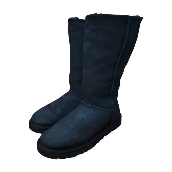 UGG Womens Size 7 Classic Tall II Black Sheepskin Shearling Fur Lined Boots - Picture 2 of 10